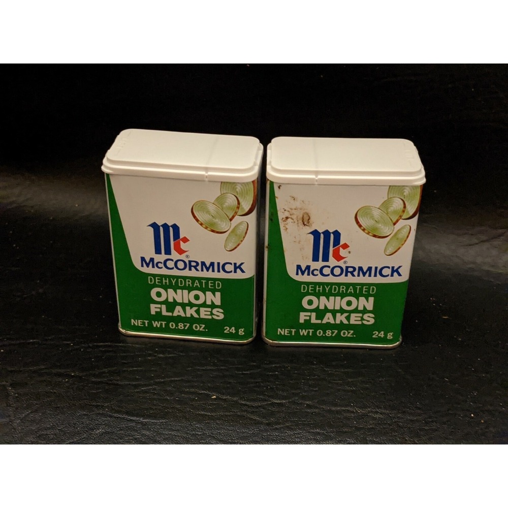 Lot of 2 Vintage McCormick Onion Flakes Spice Tin  Litho Graphic No Dents NOS